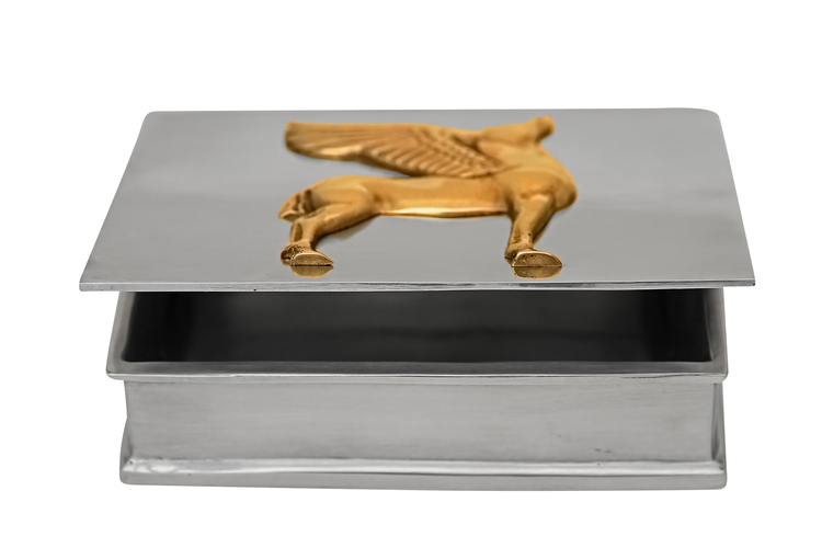 Box in pewter from Munka Sweden with Pegasus horse in gilded pewter