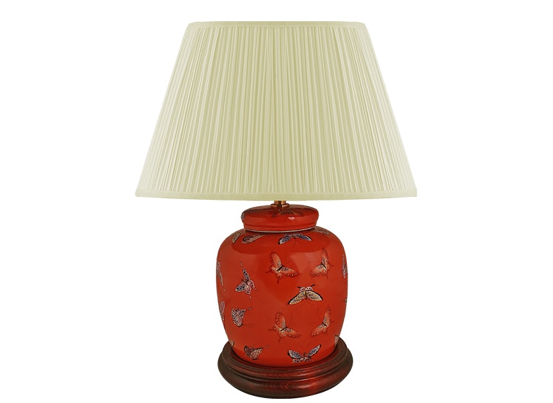 Lamp base, 17.5 cm, butterflies on a coral red background