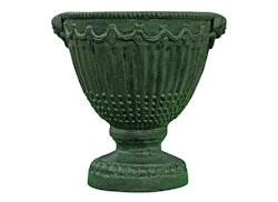 Grand pot de style empire classique en aluminium patiné vert, diamètre 30 cm et hauteur 27 cm.