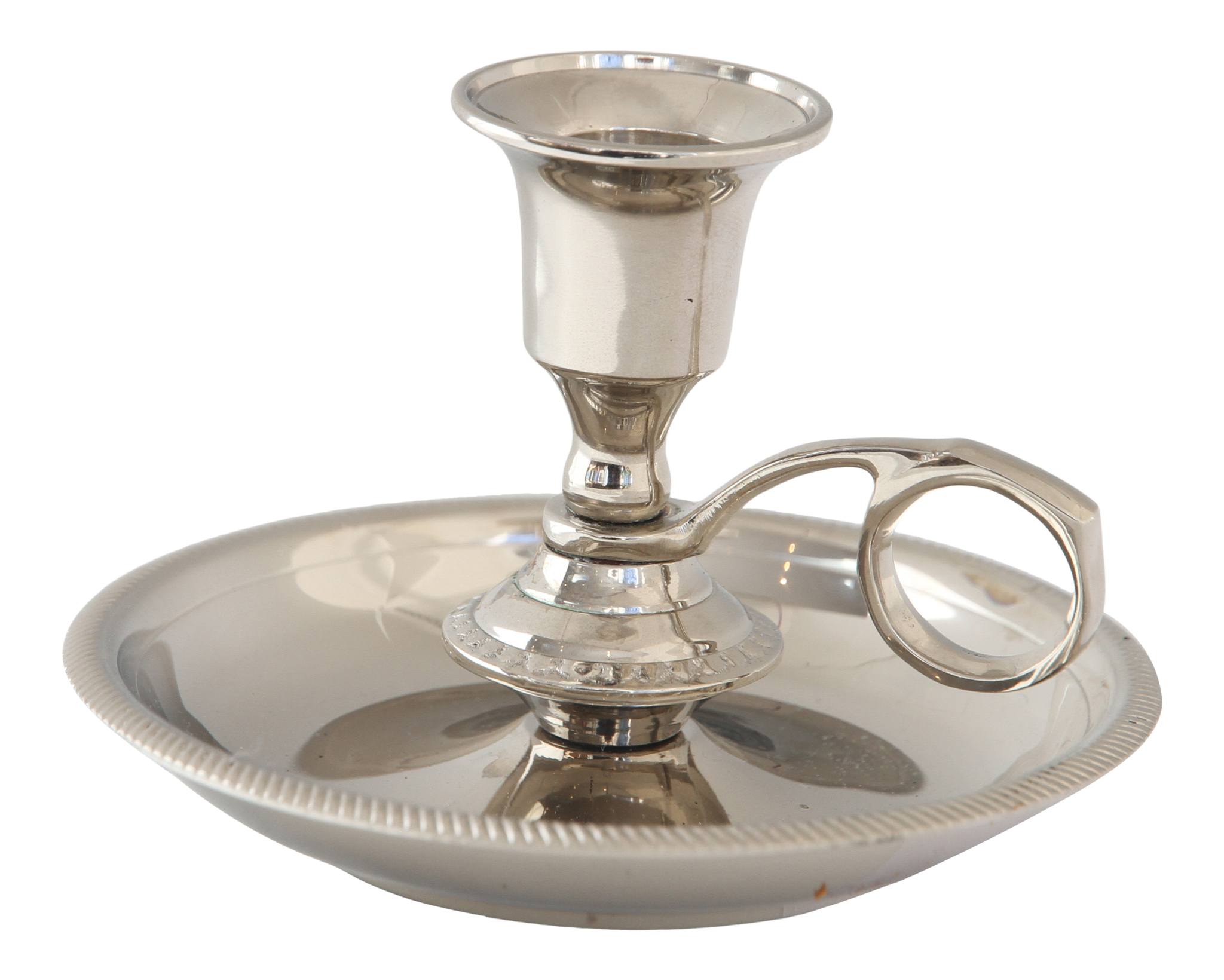 Candlestick in nickel-plated brass that can be made into a tall or low candlestick