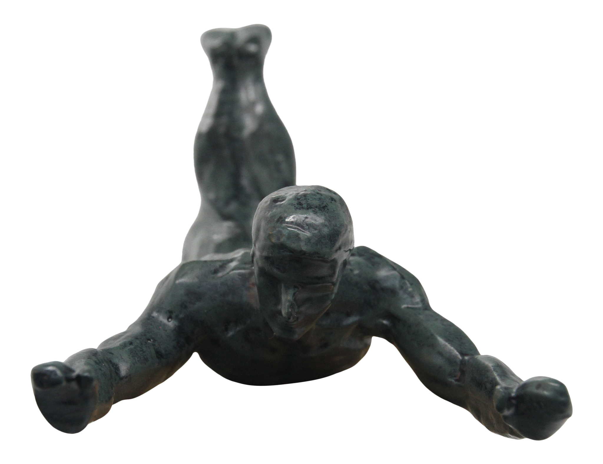 Diving man which is a hanger / hook, in green patinated aluminium