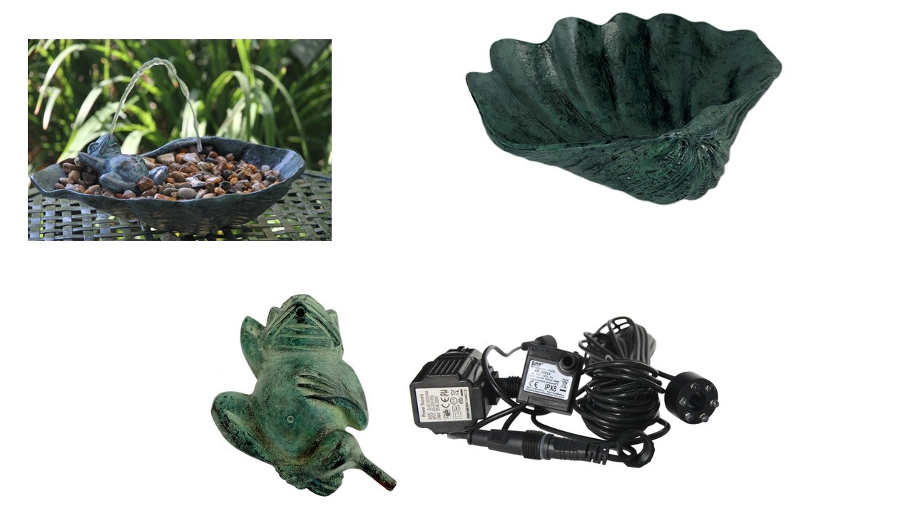 Mr Fredrik fontänpaket med fontängroda i brons, 11 cm inkl. fat, pump med ljus, slang, inkl. frakt