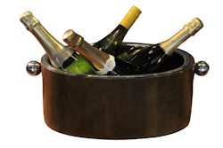 Champagne and wine cooler in precious wood and stainless steel, oval, length 42 cm, width 22 cm, height 18 cm