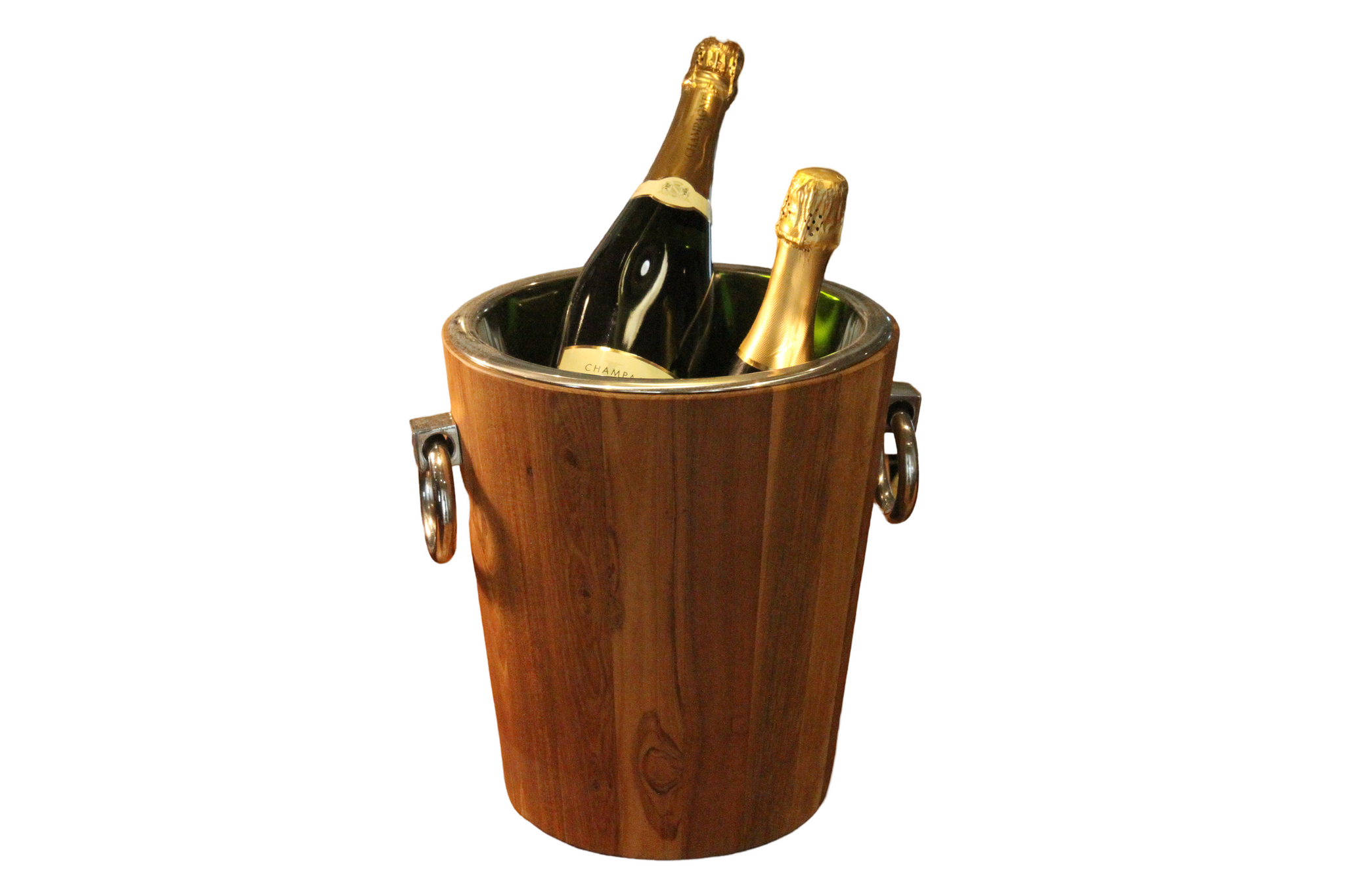 Champagne and wine cooler in teak and stainless steel height 29 cm and 28 cm in diameter