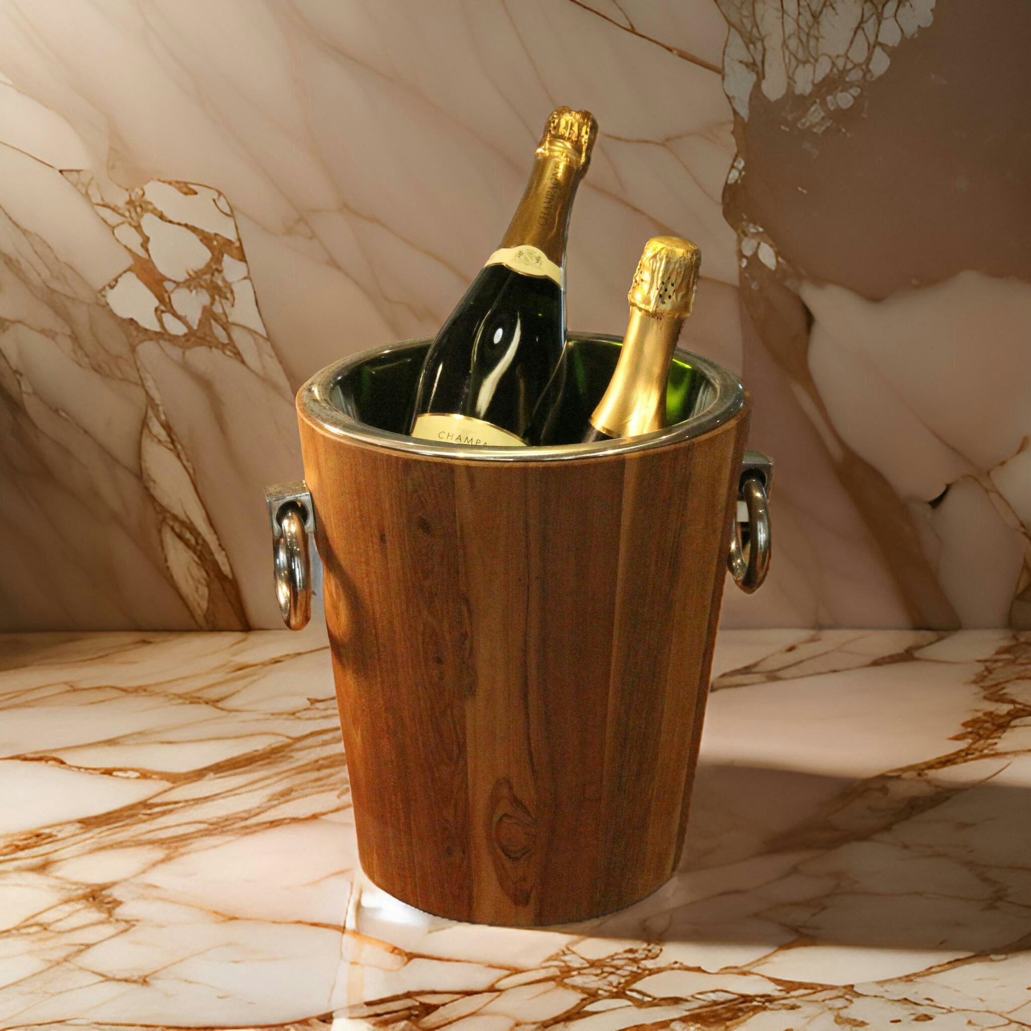 Champagne and wine cooler in teak and stainless steel height 29 cm and 28 cm in diameter
