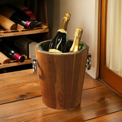 Champagne- och vinkylare i teak och rostfritt stål höjd 29 cm och 28 cm i diameter