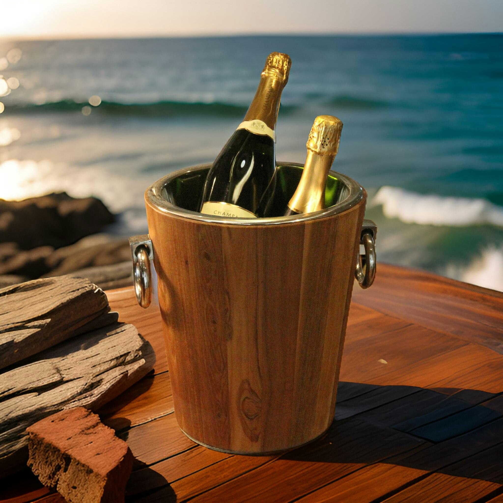 Champagne and wine cooler in teak and stainless steel height 29 cm and 28 cm in diameter