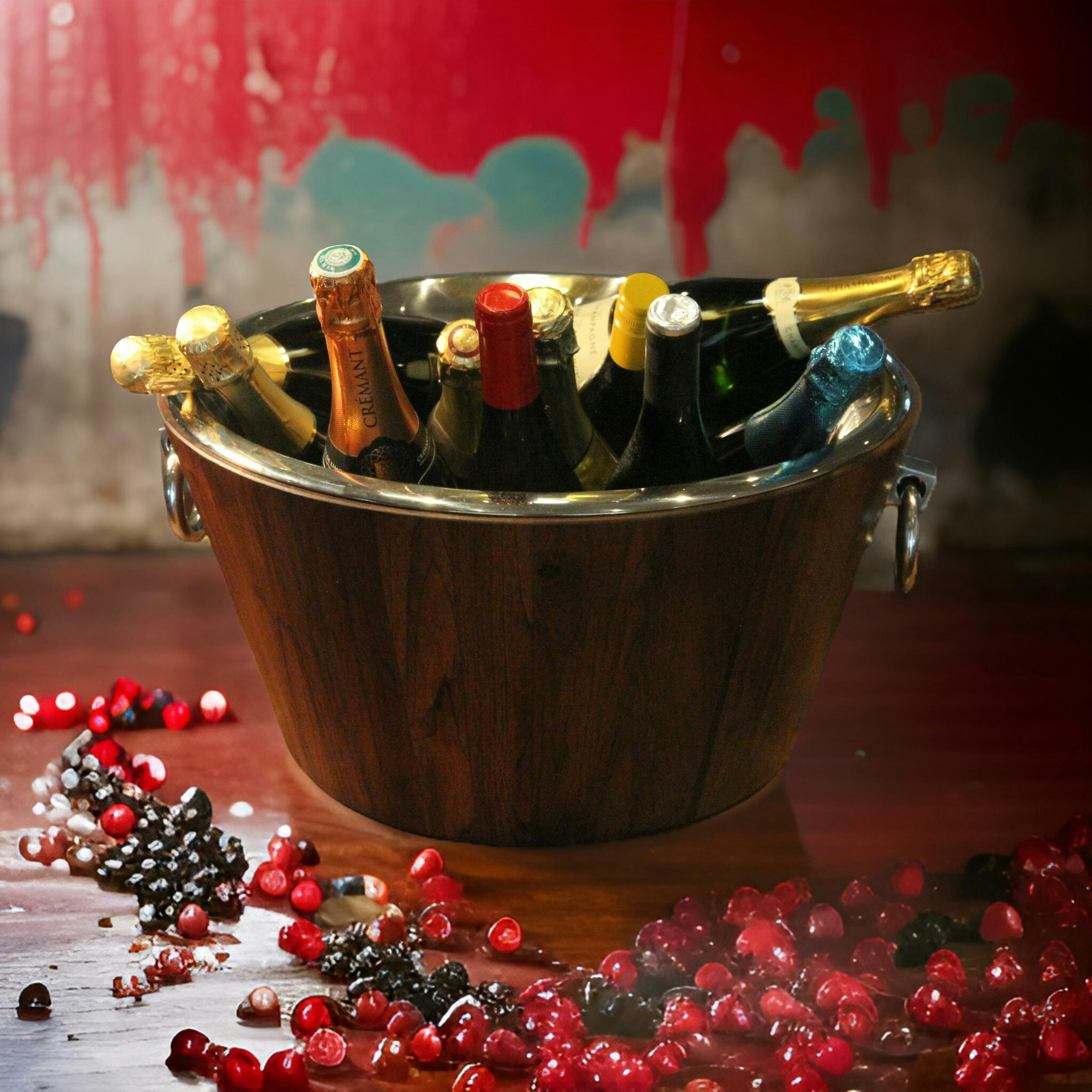 Champagne and wine cooler, in teak and stainless steel, diameter 46 cm and height 24 cm