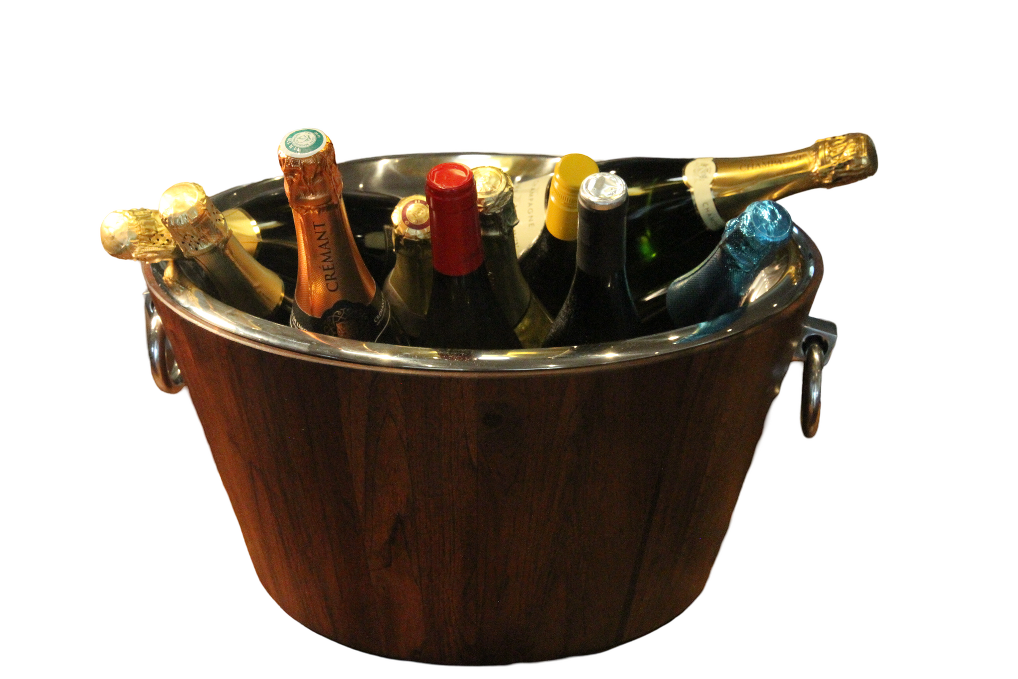 Champagne and wine cooler, in teak and stainless steel, diameter 46 cm and height 24 cm