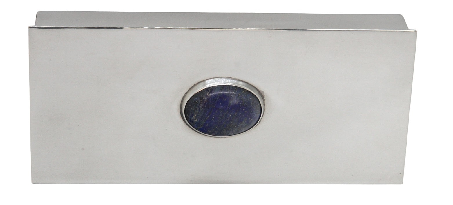 Skrin i tenn med lapis lazuli sten på locket, rektangulär, från Munka Tenn