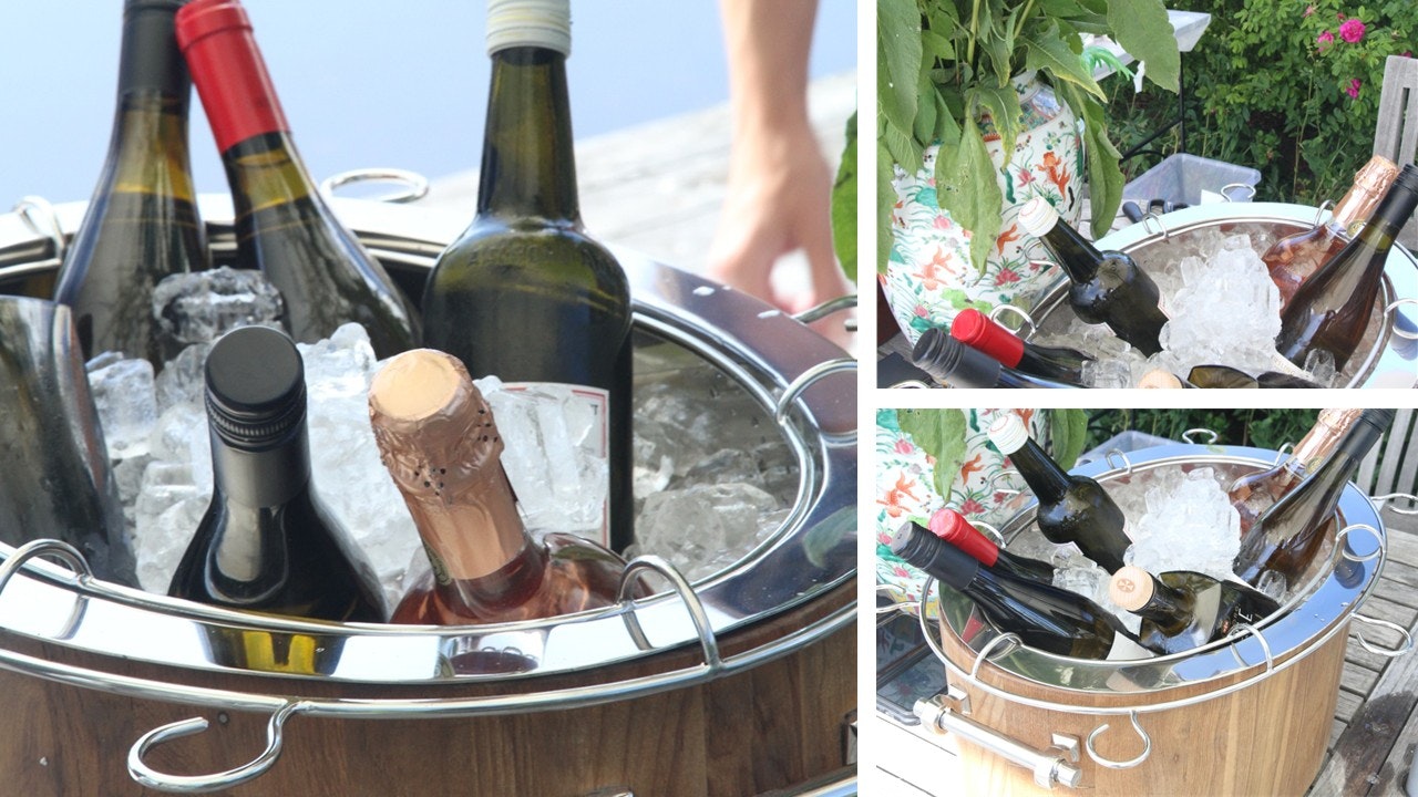 Champagne- och vinkylare, i teak och rostfritt stål, med hängare för glas, längd 51 cm, bredd 35 cm och höjd 25 cm