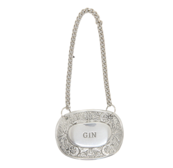 GIN name tag to hang on carafes, made of pewter, from Munka Tenn