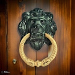 Door flap in the shape of a lion head, larger, in aluminum and brass, patinated