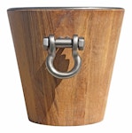 Champagne- och vinkylare, i teak och rostfritt stål i antikiserad mässingsplätering höjd 25 cm och diameter 25 cm