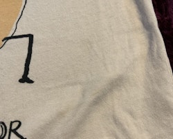 Beige t-shirt med mörkgrå ärmar och ett korv och text tryck från Nadadelazos stl 2-4 år
