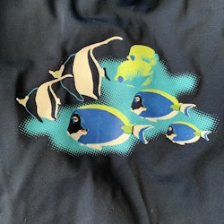 Mörkblå och blå uvtröja med fisktryck och mörkblå uv-shorts från Kappahl stl 86/92