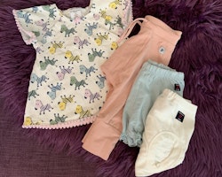 4 delat paket med kortärmad vit klänning med zebror i grönt, turkost, rosa och gult, rosa byxor, turkosa shorts och vita bloomers med volanger från PoP stl 62-62/68
