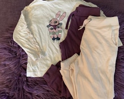 3 delat paket i rosa och lila med två par mjukisbyxor och en volangprydd tröja med kanin- & uggletryck från Lindex, Lager 157 och Kappahl stl 98 +100 + 98/104