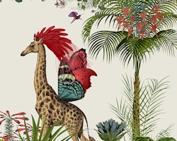 Konstprint med färgglad fjärilsvingeprydd giraff, kolibrier, djungel mm av Kelly Stevens-Mclaughlan