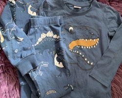 Tredelat set i blått med dinosaurier; collegetröja, tröja och varma leggings från Lindex stl 110