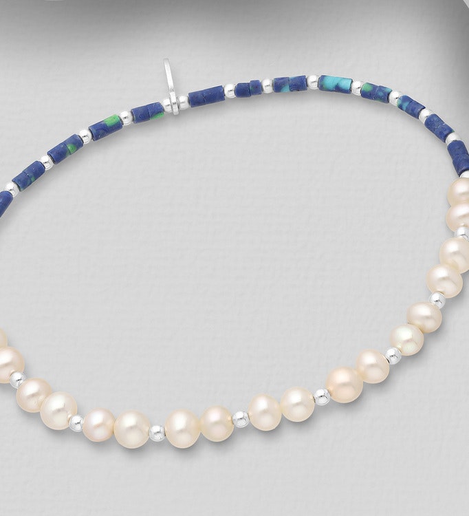 Handgjort elastisk armband av pärlor, silverpärlor och azurit - Cosas De  Fina