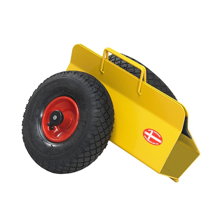 Produktbild på en gul skivvagn från Ravendo som har sin flexibla och gummiklädda lastyta ihopklämd med hjälp av sin automatisk klämfunktion.