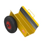 Produktbild på en gul skivvagn från Ravendo med flexibel lastyta, två luftgummihjul med stålfälg och kullager, inbyggda handtag, gummiklädda lastsidor