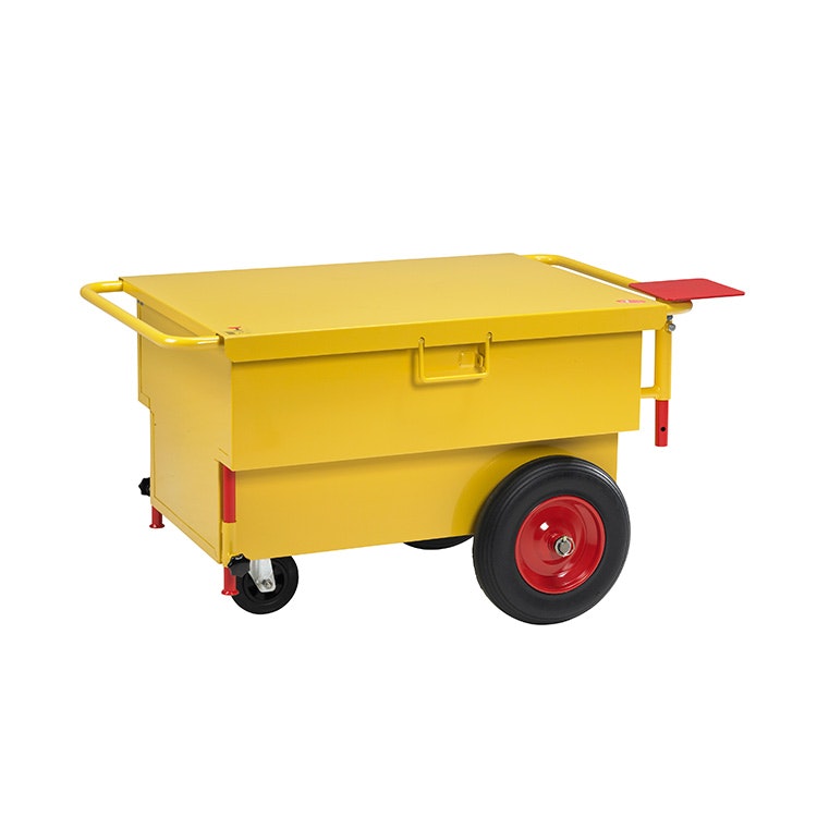 Produktbild på en gul verktygsvagn på hjul från Ravendo, med lock inbyggda stödben, arbetshylla och tre massiva hjul – två stora och ett litet.