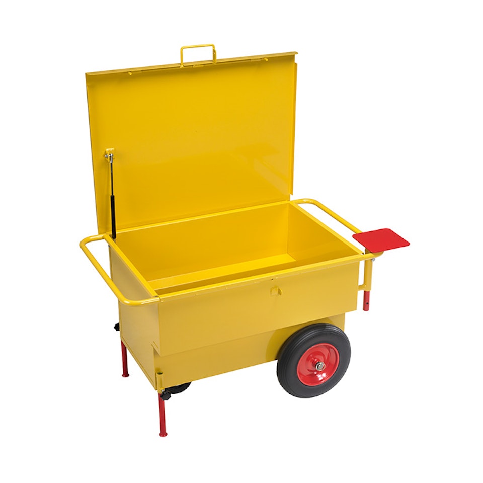 Detaljerad produktbild på en gul verktygsvagn på hjul från Ravendo med öppet lock och nedfällda stödben, arbetshylla och massiva hjul.