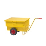 Produktbild på en gul verktygsvagn på hjul från Ravendo, med låsbart lock, demonterbart draghandtag, två punkteringsfria hjul.