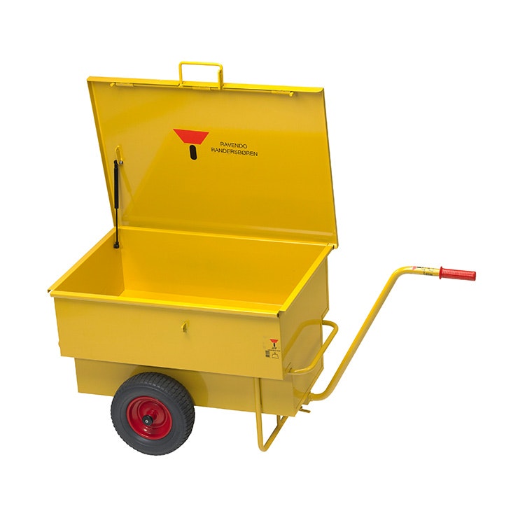Detaljerad produktbild på en gul verktygsvagn på hjul från Ravendo med öppet låsbart lock, demonterbart draghandtag, två punkteringsfria hjul.