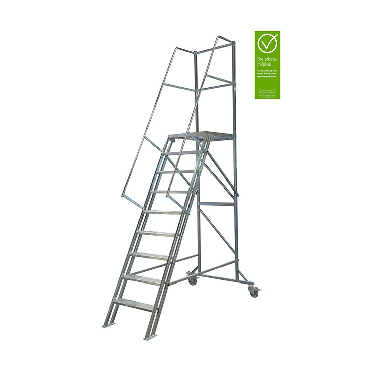 Produktbild på mobil trappa i elförzinkat stål med broms från Laggo, artikelnr 2180, bra miljöval.