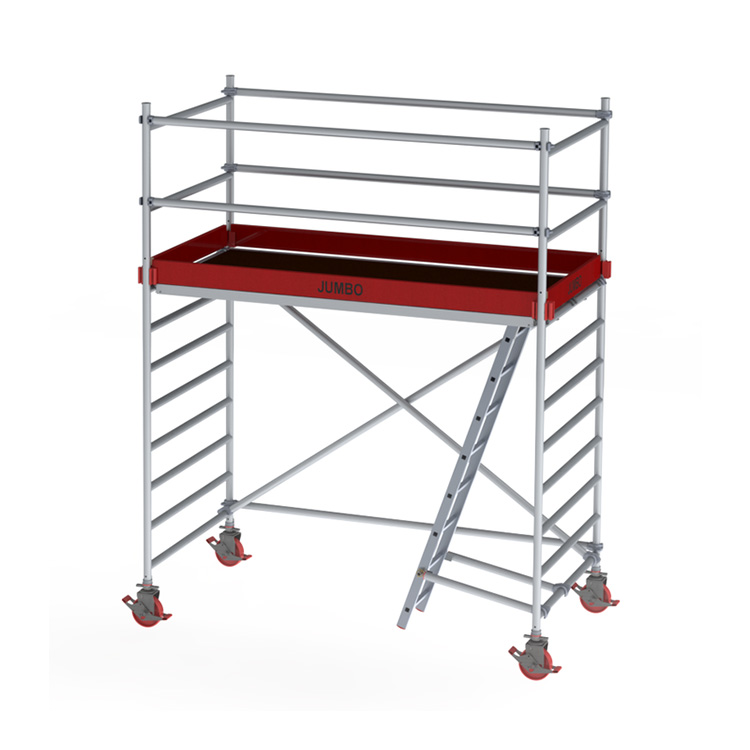 Produktbild på bred rullställning från Jumbo Pro med totalhöjd på 320 cm, trappa, större hjul och fotlister, artikelnr 9900-02.
