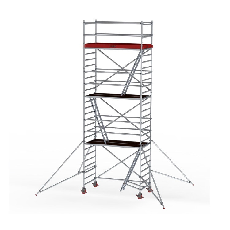 Produktbild på bred rullställning från Jumbo Pro med totalhöjd på 720 cm, trappa, större hjul och fotlister,  artikelnr 9900-06.