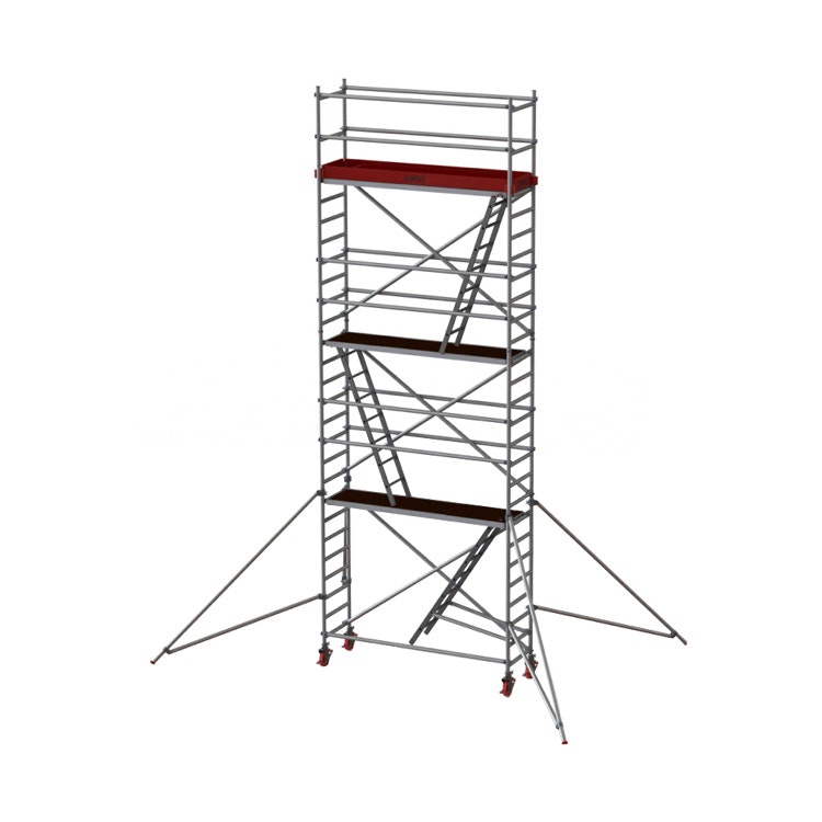 Produktbild på smal rullställning från Jumbo Pro med totalhöjd på 720 cm, trappa, större hjul och fotlister,  artikelnr 7900-06.