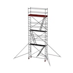 Produktbild på smal rullställning från Jumbo Pro med totalhöjd på 720 cm, trappa, större hjul och fotlister,  artikelnr 7900-06.
