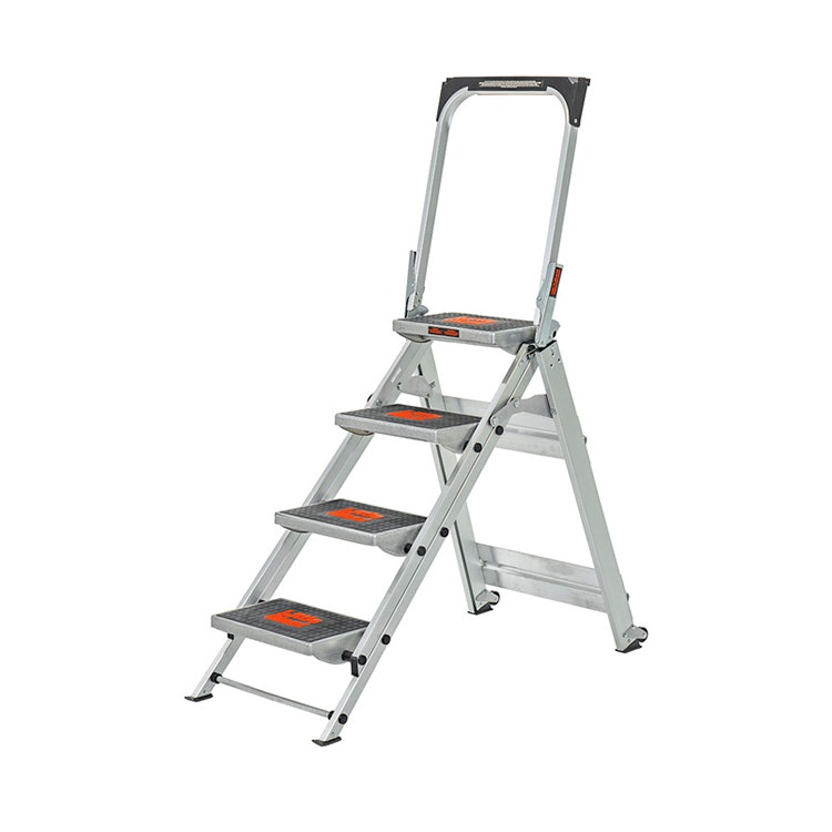 Produktbild på trappstege Safety Step i aluminium från Little Giant, 4 steg, plattform, säkerhetsbygel med verktygshylla, artnr LG410B.