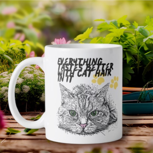 Personlig Mugg med text  Everything tastes better with cat hair in it