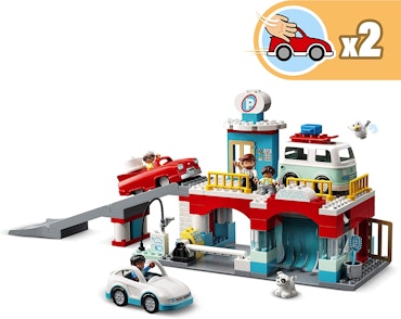 LEGO 10948 DUPLO Parkeringshus och biltvätt, barnleksak 2+ år med leksaksbilar