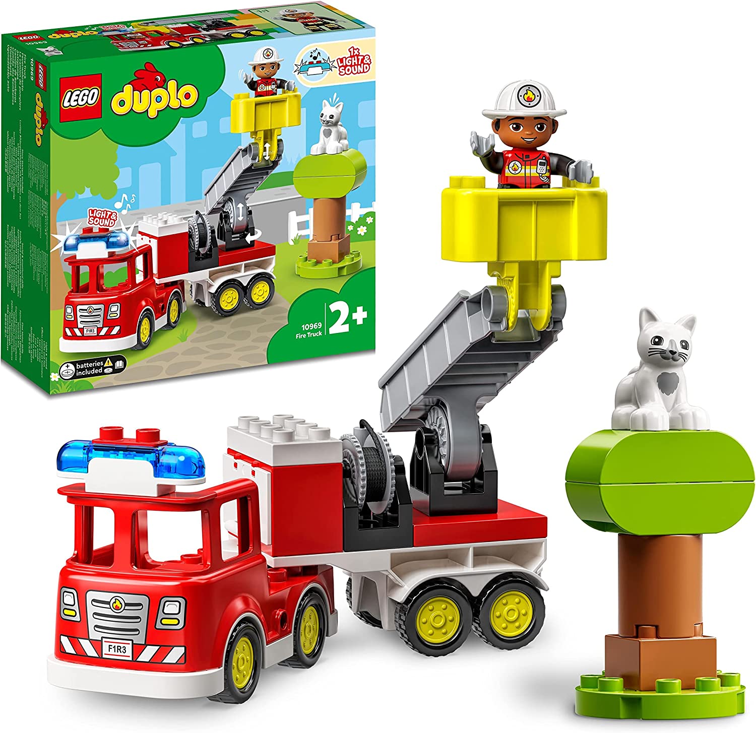 LEGO 10969 DUPLO Town Brandbil Lastbil med ljus och siren, Innehåller brandman & katt minifigurer, Pedagogiska leksaker för barn, Från 2 år