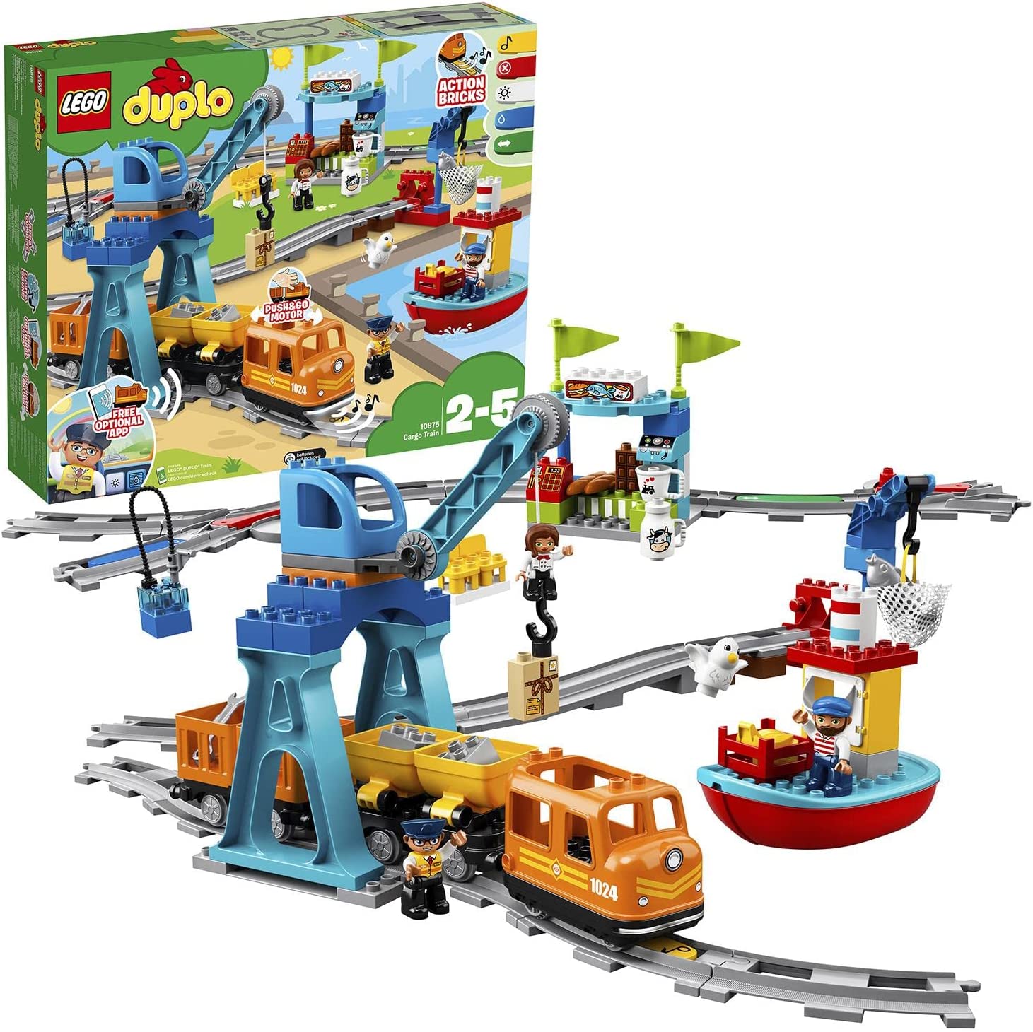 LEGO 10875 DUPLO Town Godståg, Leksakståg, Leksakskran, Barnleksaker, Ljud och Ljus, Byggsats för Barn 2+ å
