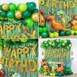 Dinosaurie födelsedagsdekoration, ballonger, fordon, spel, födelsedag, dekorationsset, kalaskit, tema, fest, födelsedagsfest, pojke, barn, födelsedagsdekoration