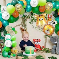 Djungel Djungeldjur födelsedagsdekoration 120 delar, ballonger, fordon, spel, födelsedag, dekorationsset, tema, fest, födelsedagsfest, pojke, barn, födelsedagsdekoration