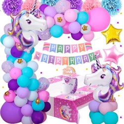 Enhörning / Unicorn  Regnbåge födelsedagsdekoration 66 delar, ballonger, fordon, spel, födelsedag, dekorationsset, tema, fest, födelsedagsfest, pojke, barn, födelsedagsdekoration