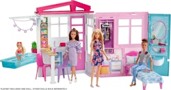 Barbie – Dockhus, stuga med docka, möbler och pool, bärbart dockhus  46 cm