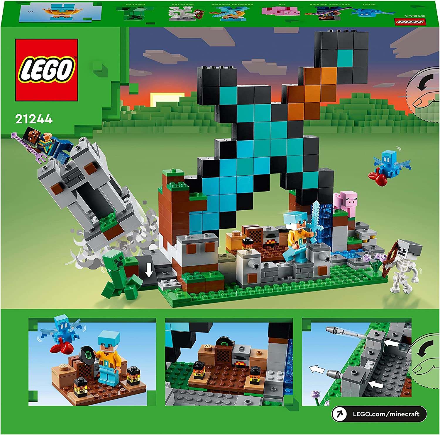 LEGO 21244 Minecraft Svärdsutposten , Vaktpostsoldat, Väktarkrigare och Creeper