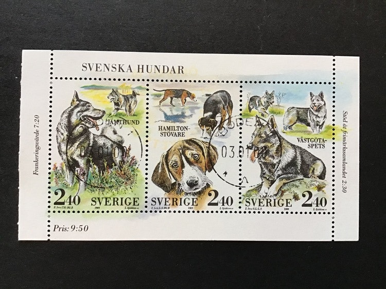 SVENSKA HUNDAR 1989, facit nr 1586-1588 stämplat block