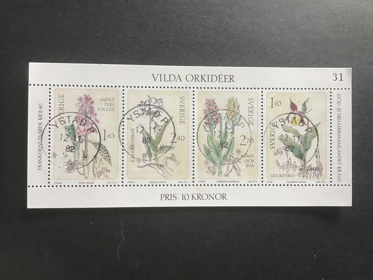 VILDA ORKIDEER 1982 facit nr 1222-1225 lyxstämplat block YSTAD P