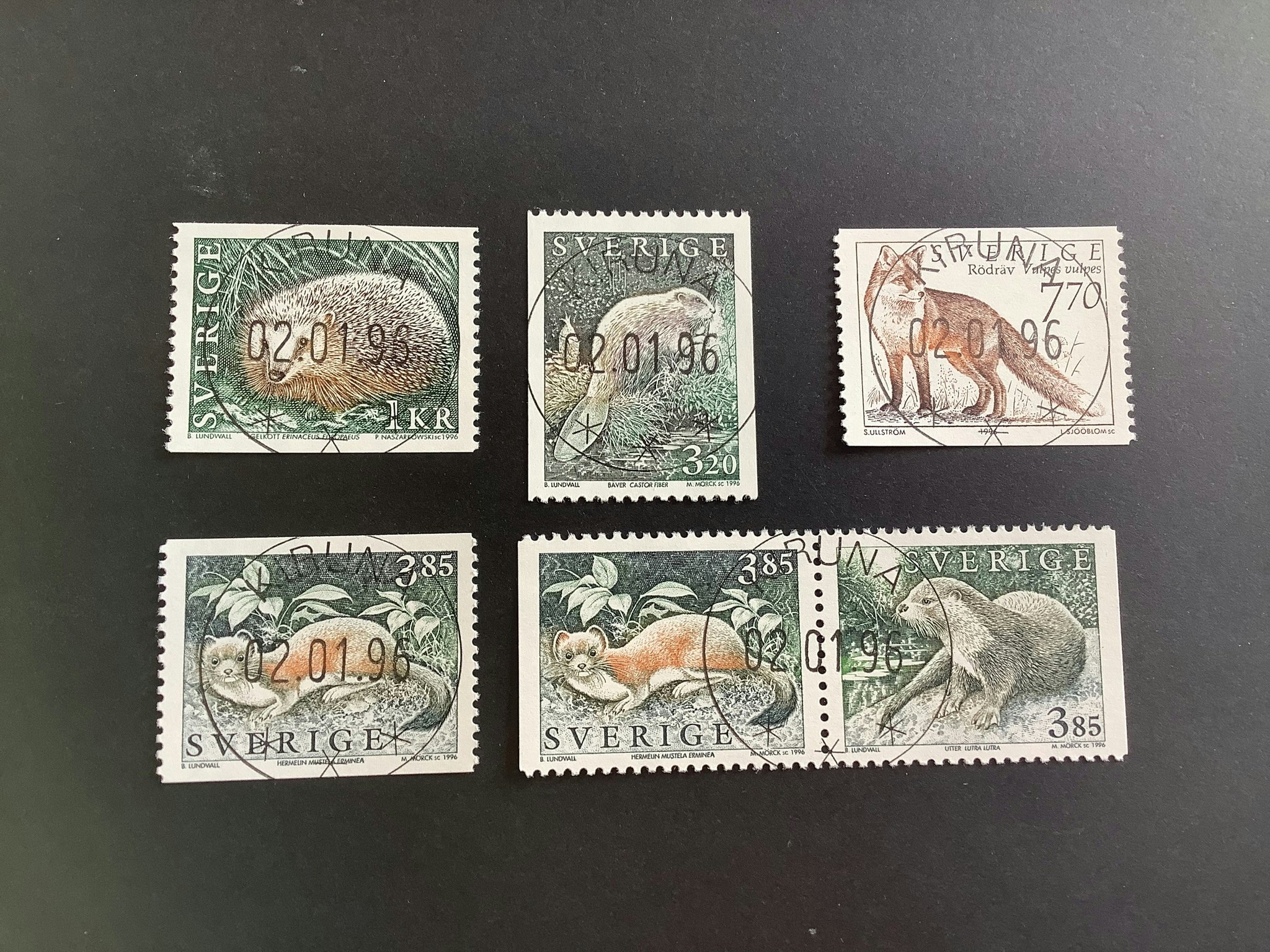 Vilda djur 3 facit nr 1940-1944 lyxstämplad serie KIRUNA