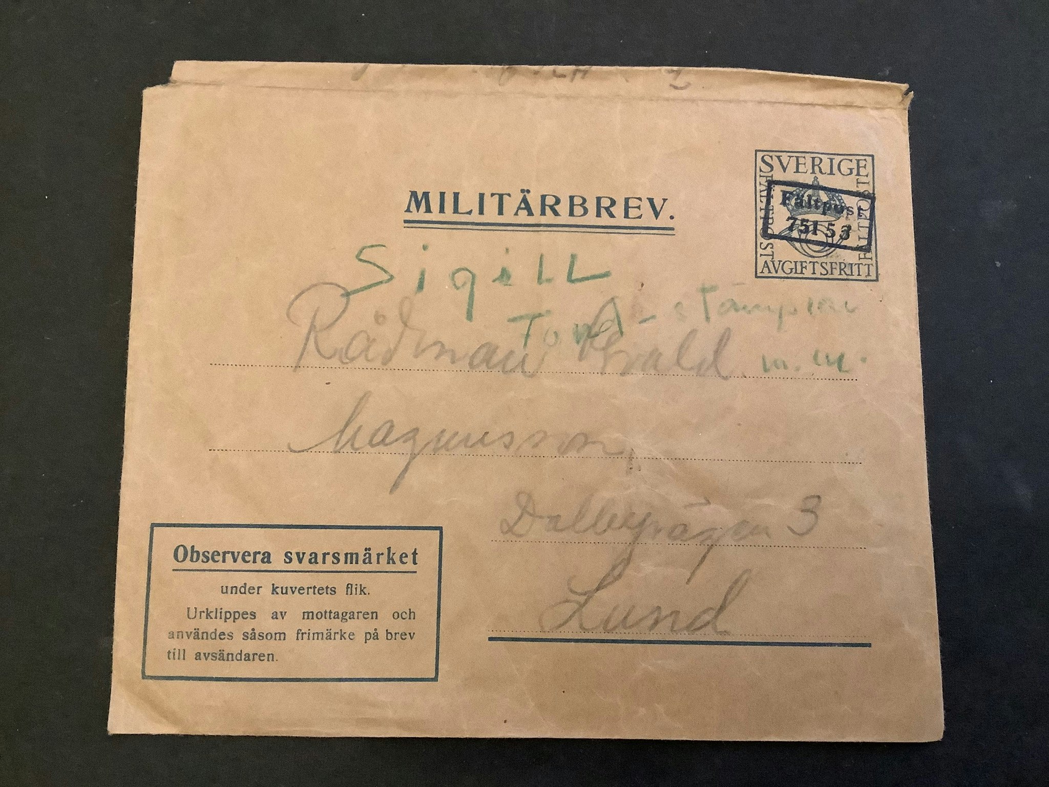 Militärbrev med försöksstämpel 751 53